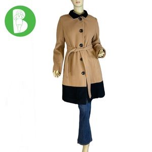DANA BUCHMAN TAN & BLACK WOOL, NYLON & CASHMERE BLEND COLOR BLOCK COAT (M)